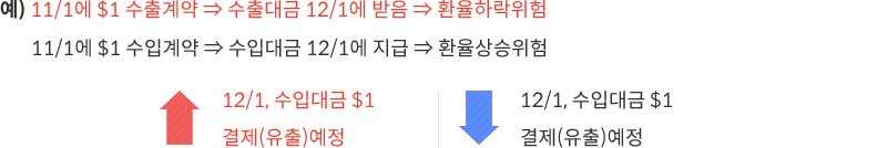 예)11월 1일에 $1 수출계약 ⇒ 수출대금 12/1에 받음 ⇒ 환율하락위험
11월 1일에 $1 수입계약 ⇒ 수입대금 12/1에 지급 ⇒ 환율상승위험
12월 1일, 수출대금 $1 환전(유입)예정
12월 1일, 수입대금 $1 결제(유출)예정